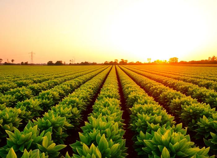 Lush green crop rows at golden hour