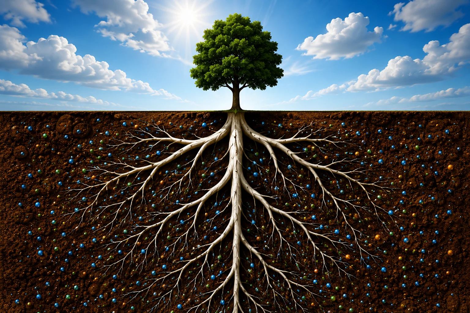 Tree above ground with an extensive root network below the soil