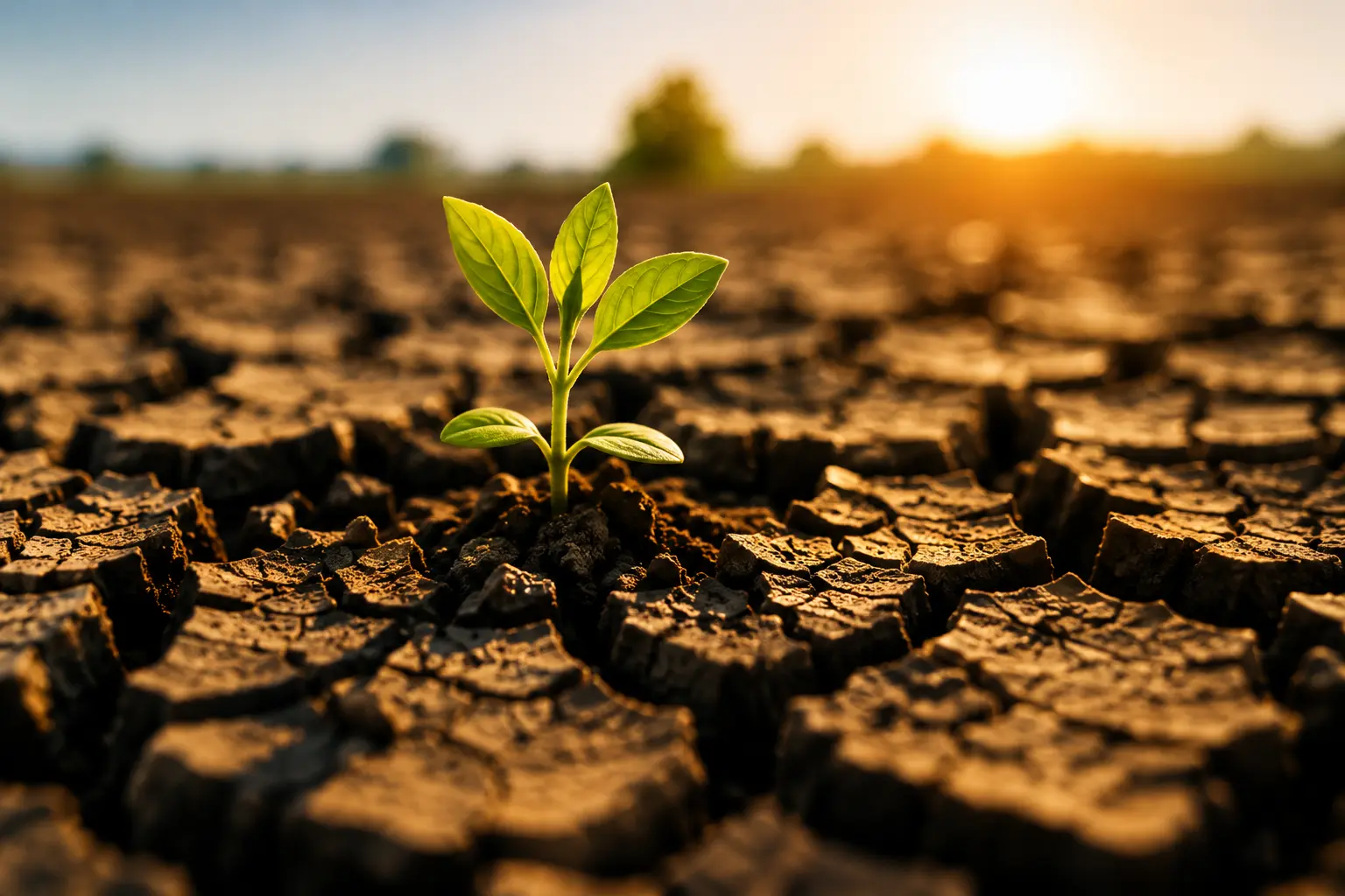 A young seedling emerging from cracked, chemically degraded soil