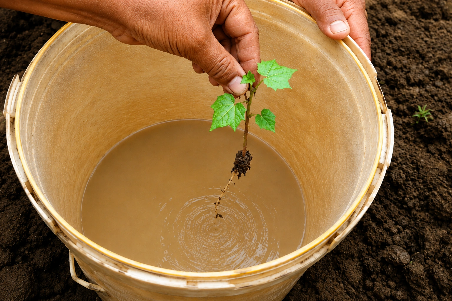 Cotton seedling roots being dipped in bio-activated BOMLife solution