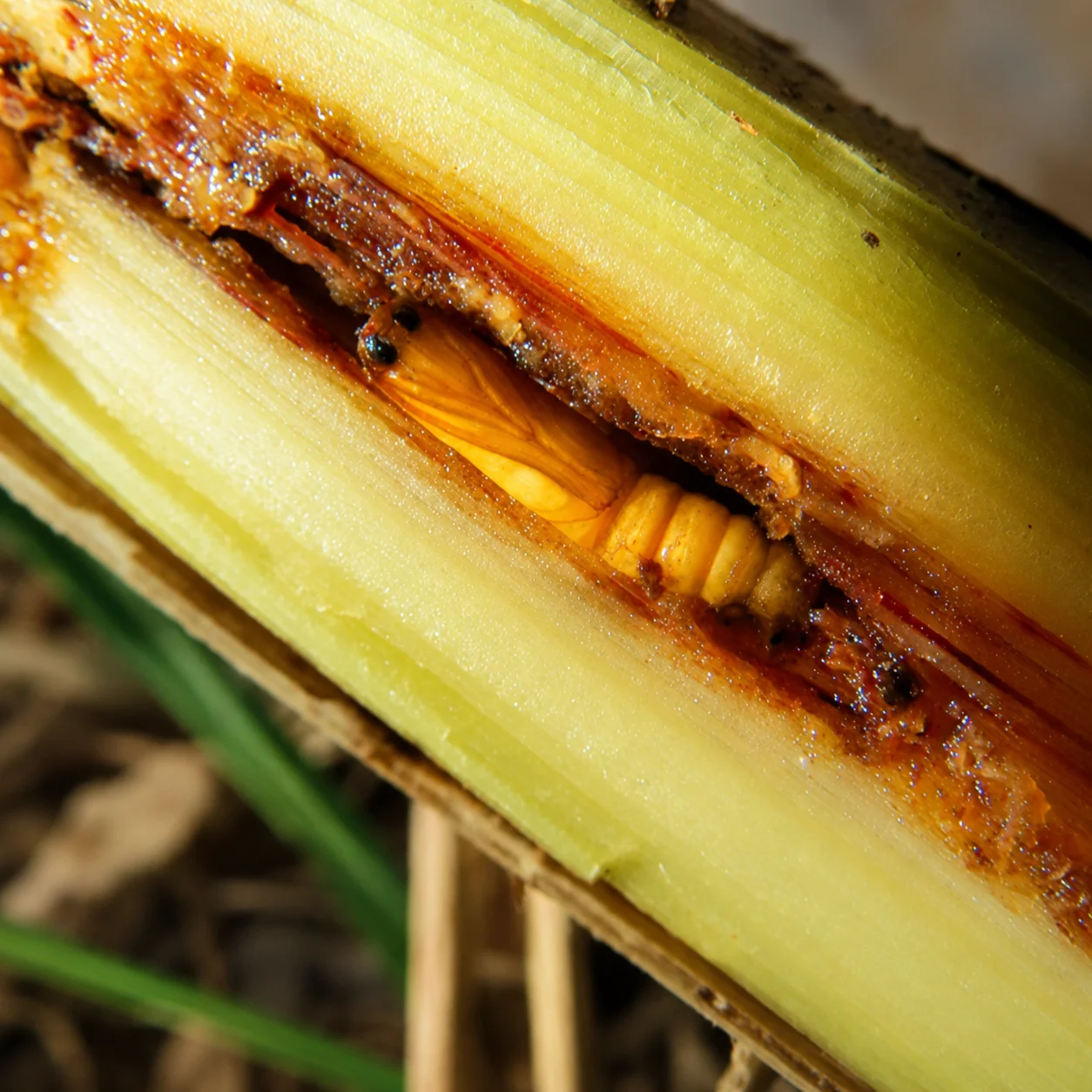 Sugarcane borer damage on a cane