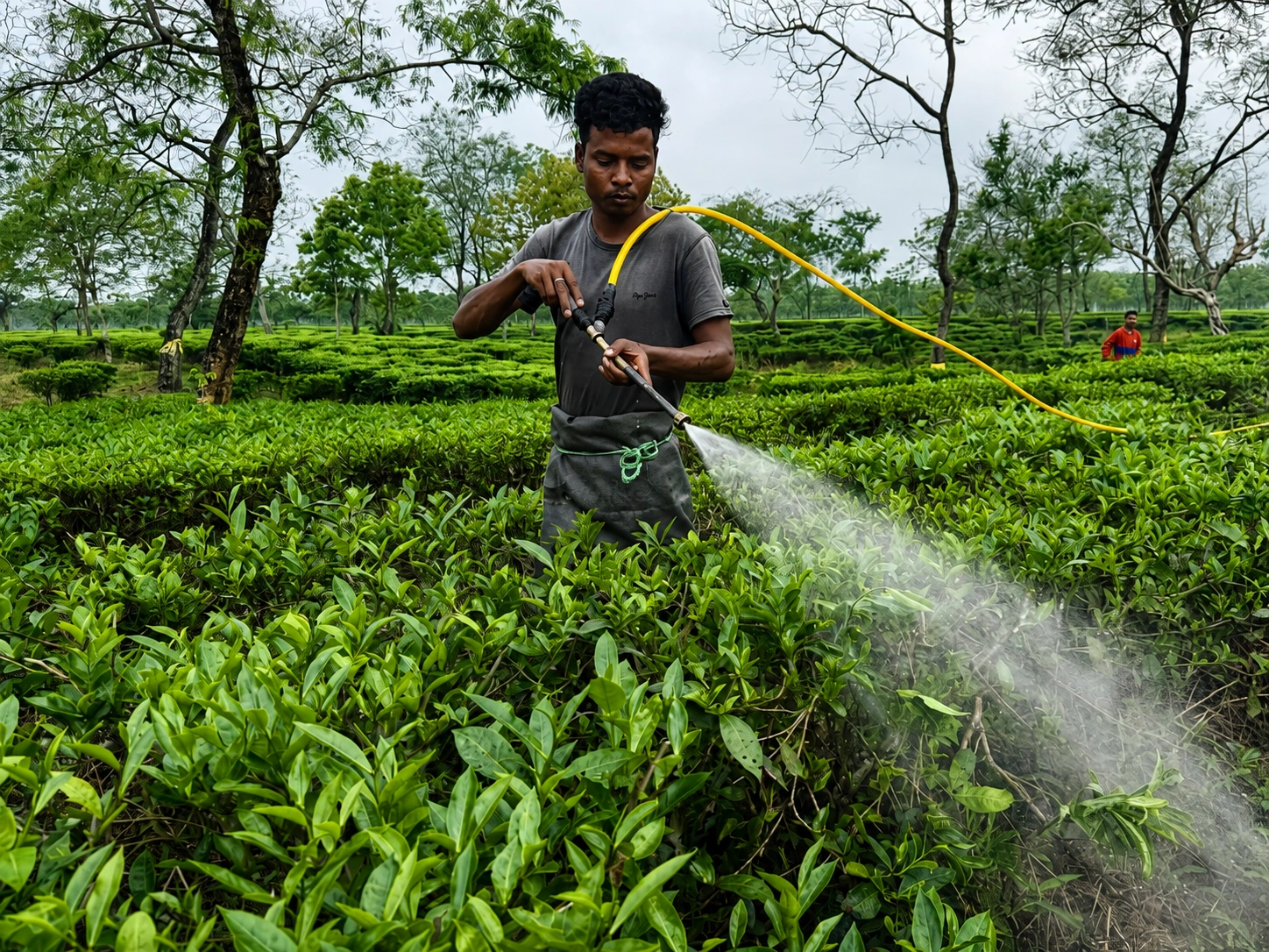 Workers spraying bioactivated BOMLife solution on a tea plantation