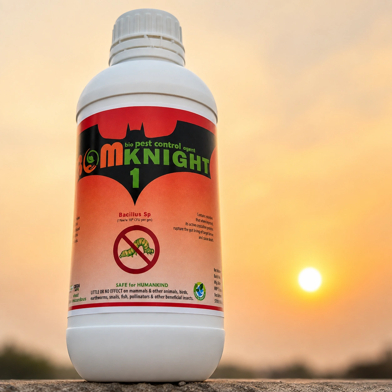 Bom Knight1 bio pest control bottle in a green field