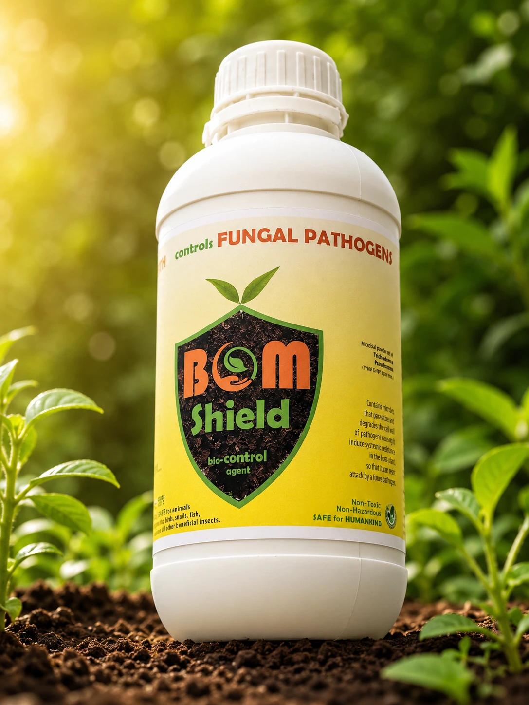 Bom Shield bio-control agent bottle in a field of seedlings